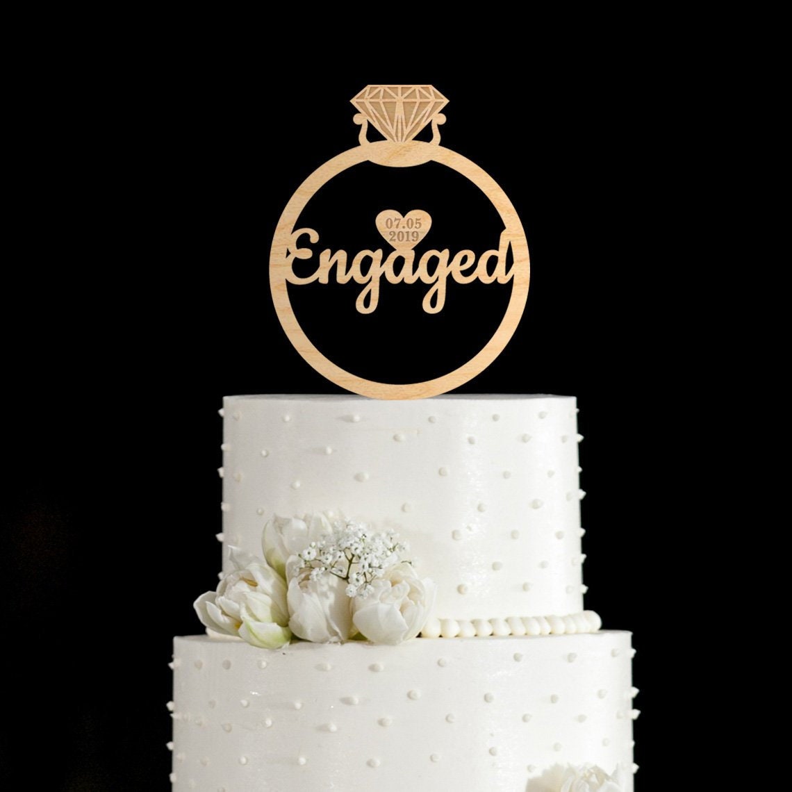 O'Creme Engaged with Ring and Diamond-Ring Cake Topper - Gold