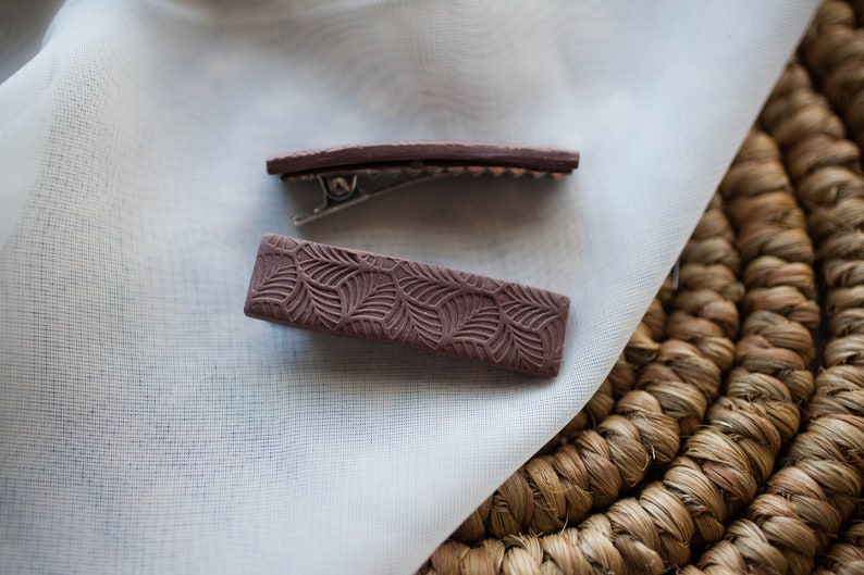 set of 2 Dark Chocolate brown with a leaf textured surface Medium Polymer Clay Hair Clips