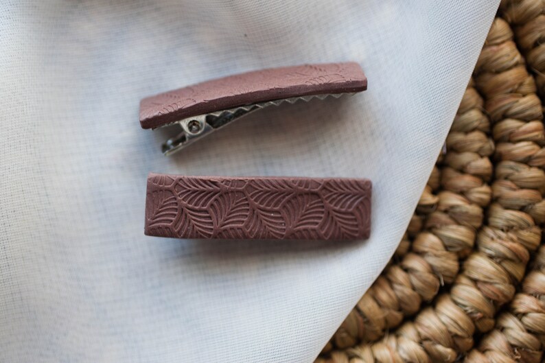 set of 2 Dark Chocolate brown with a leaf textured surface Medium Polymer Clay Hair Clips