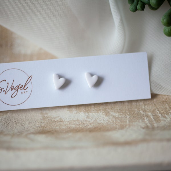 Micro white heart Polymer Clay Stud Earrings