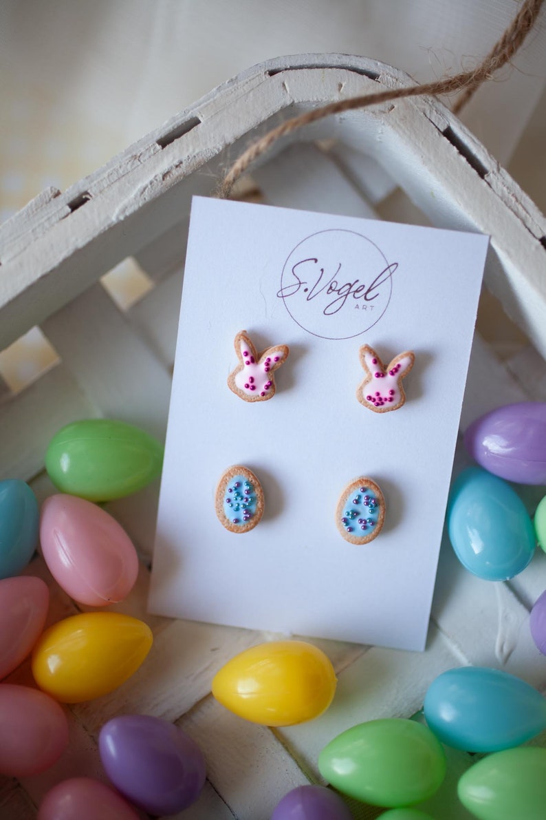 Bunny and Easter Egg Cookie Polymer Clay Stud Earrings image 9