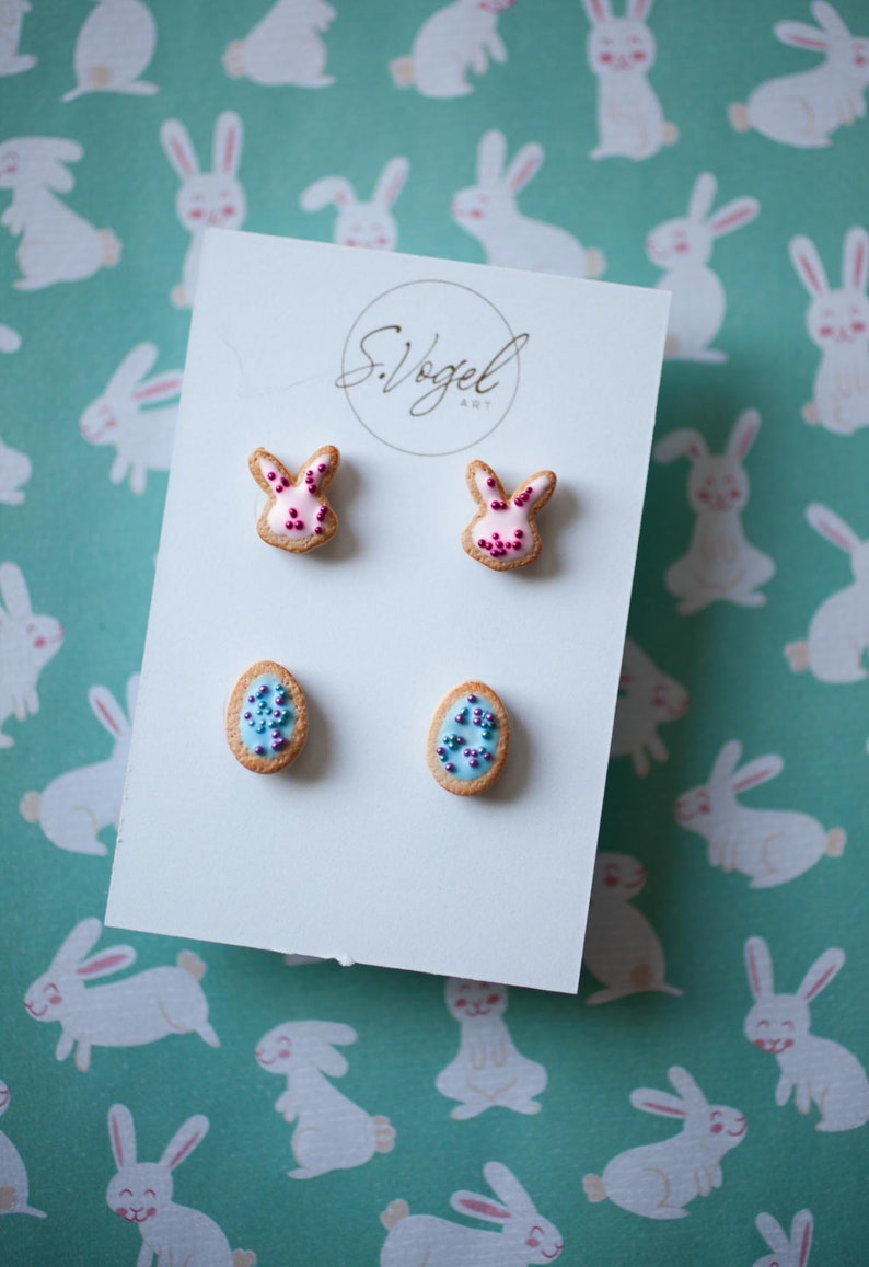 Bunny and Easter Egg Cookie Polymer Clay Stud Earrings image 3