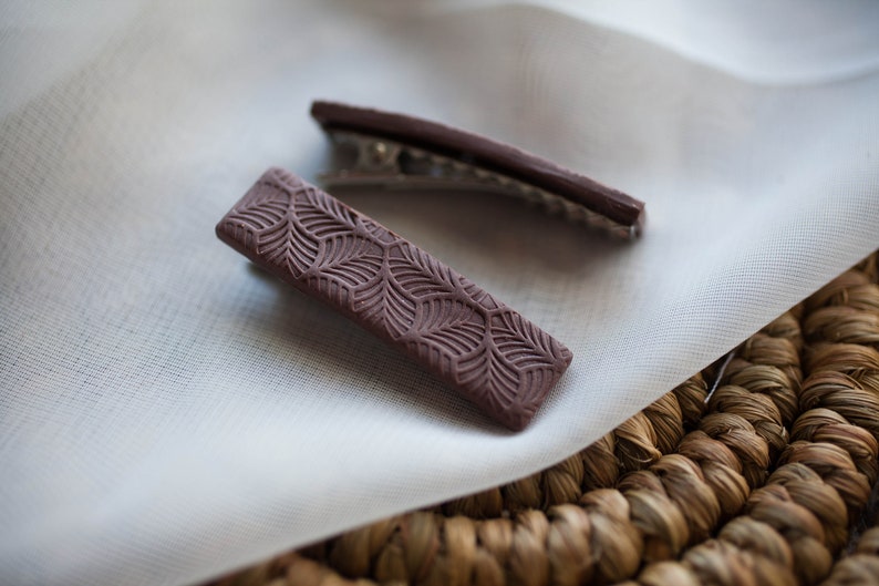set of 2 Dark Chocolate brown with a leaf textured surface Medium Polymer Clay Hair Clips