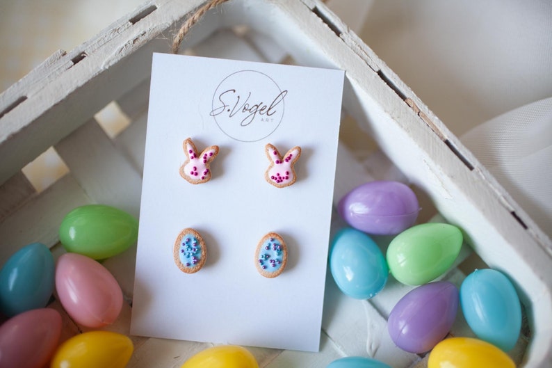 Bunny and Easter Egg Cookie Polymer Clay Stud Earrings image 7