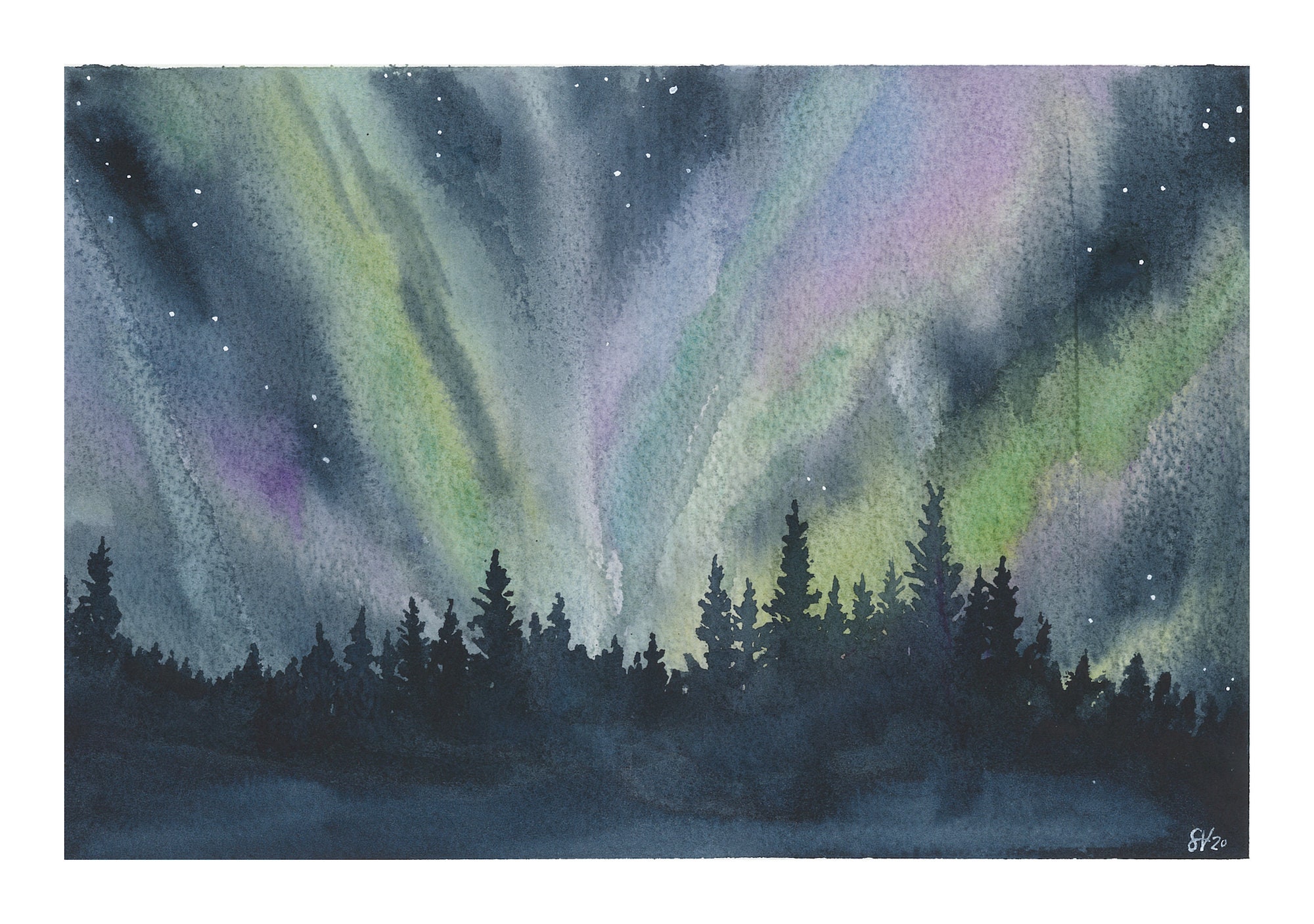 Watercolor Northern Lights Print Etsy UK