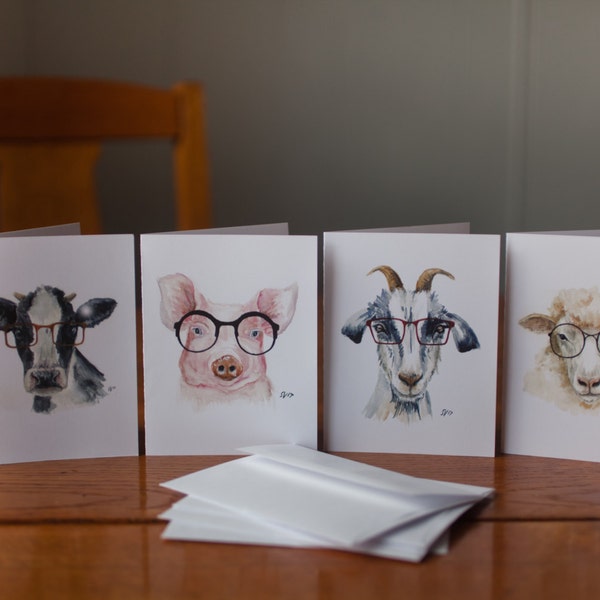 Watercolor cards- Hipster Farm Animals