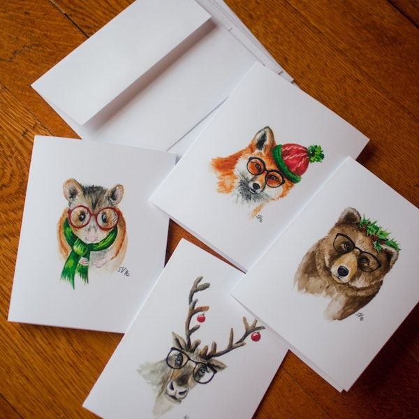 Hipster Holiday Animal Watercolor Card Set