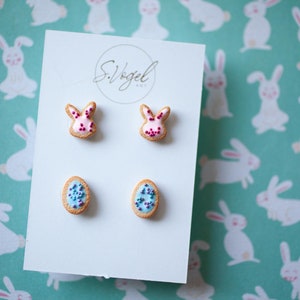 Bunny and Easter Egg Cookie Polymer Clay Stud Earrings image 1