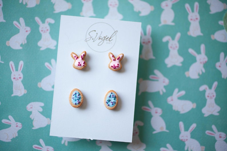 Bunny and Easter Egg Cookie Polymer Clay Stud Earrings image 1