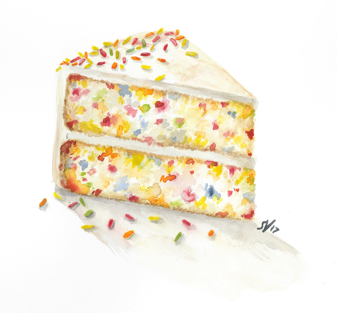 Watercolor Birthday Cake Print Etsy