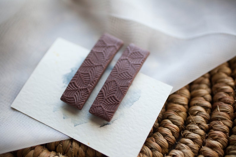 set of 2 Dark Chocolate brown with a leaf textured surface Medium Polymer Clay Hair Clips