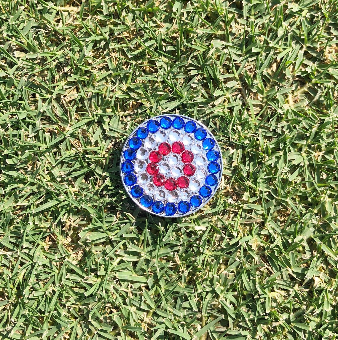 Golf Ball Marker, Silver Hat Clip, USA Colors, Bling
