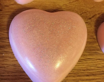 heart shaped hand made pink shea butter soap with glitter glaze rose scented great wedding favor, bridal party gifts