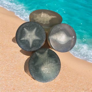 May include: Four round soaps with a shimmery, translucent finish. Each soap features a different design of a starfish.