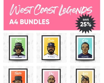 SAVE 25% - West Coast Legends A4 Bundles of 3 or 6 prints. Great gift idea for any west coast rap fan.