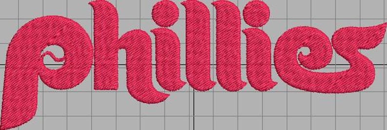 Puede incluir: Un parche bordado rojo con la palabra "Phillies" en una fuente retro.