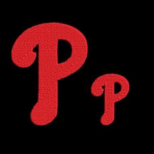May include: Two red embroidered letters "P" in a stylized font. The larger "P" is on the left and the smaller "P" is on the right.