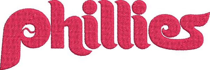 Puede incluir: Un logotipo bordado en rojo con la palabra "Phillies" en una fuente estilizada.