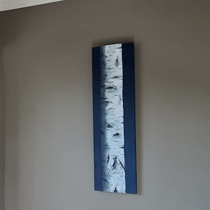 Birch Tree Painting on Reclaimed Wood Plank: Navy Blue Accent (9x32 in)