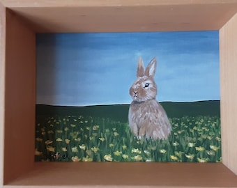 Framed Rabbit Painting: Hand-Painted Acrylic Bunny Art, Country Decor