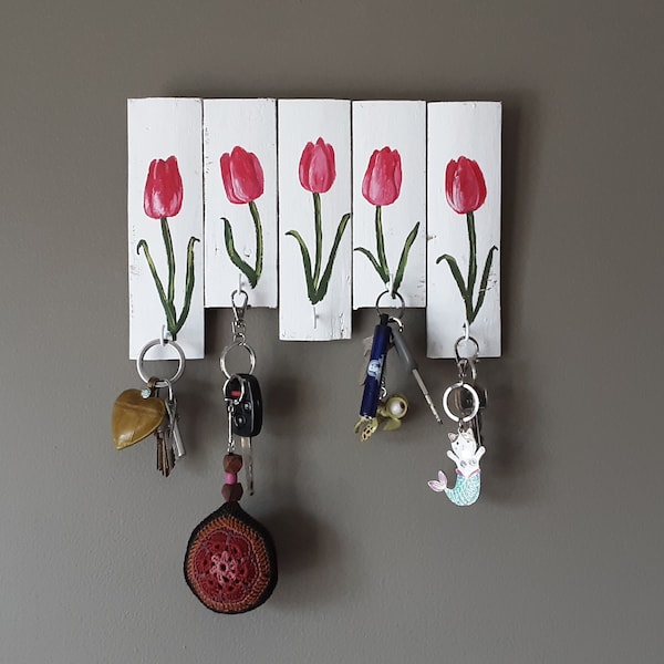 Tulip painting on wood with hooks/wood key holder or necklace holder/reclaimed wood art/ painting on wood/ shabby chic decor