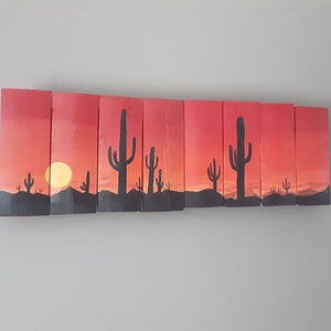 Cactus Sunset Painting on Reclaimed Wood: Southwest Desert Art (6x19 inch)