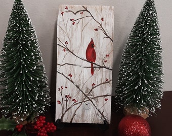 Small hand painted red cardinals sitting on a tree branch with berries, acrylic bird painting on pallet wood, 3.5 in x 7.25 in