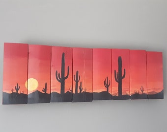 Cactus Sunset Painting on Reclaimed Wood: Southwest Desert Art (6x19 inch)
