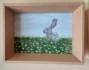 Framed Hare Painting: Hand-Painted Acrylic Bunny Art (5x7 inch)