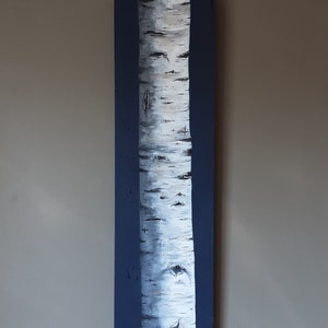 Birch Tree Painting on Reclaimed Wood Plank: Navy Blue Accent (9x32 in)
