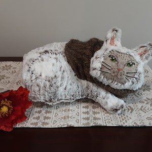 White cat doll with removeable sweater, OOAK handmade fur cloth cat, 12 in long laying down cat, stuffed cat animal,cat lover gift