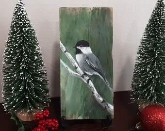 Small hand painted black cap chickadee sitting on a birch tree branch, acrylic bird painting on pallet wood, 3.5 in x 7.25 in