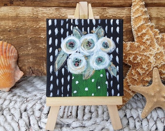 Bouqet of white flowers acrylic painting/3x3 in mini flower painting on stretched canvas with easel/mothers day gift/gift for