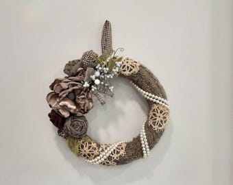 Shabby Chic Fabric Rose Wreath: Victorian Style Wall Decor