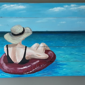 Reclaimed Pallet Wood Painting: Woman in Water, Coastal Wall Art (18x27 in
