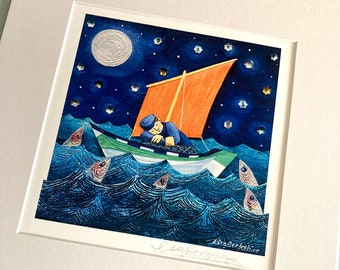 Digital Print 'The Sleepy Fisherman’ in white mount to fit a 12”x12" frame (frame not included) Sea art illustration.