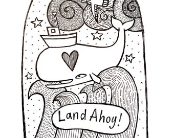 Digital Print in 9x7 inch white mount. A whale with a fishing boat on its back, heading for land.