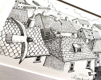 Over the Cornish Rooftops - ORIGINAL pen line drawing in 10x8 inch mount.