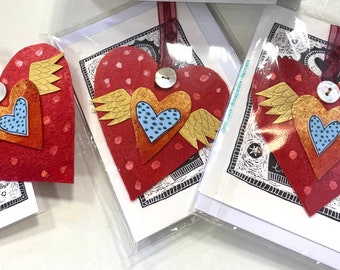 Hand-painted felt hanging decoration, A7 card and tag  - Love Rules