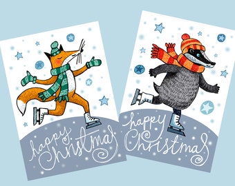 Skating Badger and Fox Cards 5x7 inch