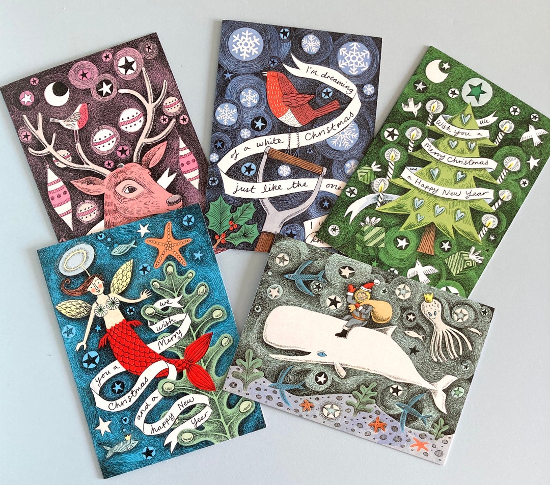 5, 10 or 20 Pack of Christmas Cards - 1 Each of 5 Designs. Reindeer ...
