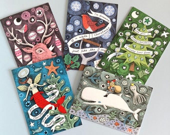 5, 10 or 20 pack of Christmas Cards - 1 each of 5 designs. Reindeer, Robin + Snowflakes, Santa and the Whale, Tree of Lights +Mermaid