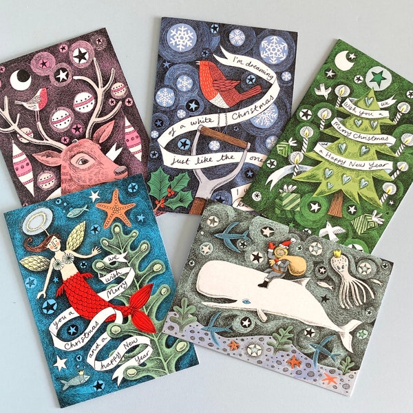 5, 10 or 20 pack of Christmas Cards - 1 each of 5 designs. Reindeer, Robin + Snowflakes, Santa and the Whale, Tree of Lights +Mermaid