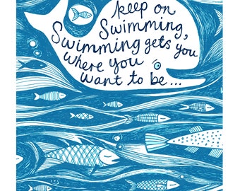 Keep on Swimming Illustrated Tea towel - 48cm x 76cm on high quality cotton with hanging loop.