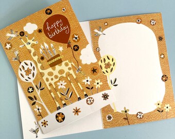 A5 Happy Birthday Giraffe Card - illustrated inside and on reverse too.