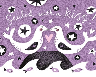 Valentines Day Card - A5 - 'Sealed with a Kiss' seals kissing, lilac and pink card- With illustrated interior.