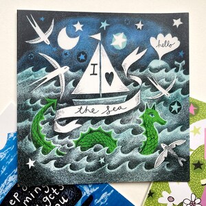 I Love the Sea Greetings Karte - einzeln oder 3er Pack. 15x15cm Karte mit Umschlag