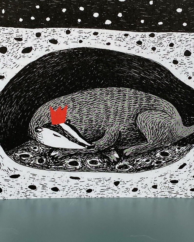 May include: A black and white illustration of a badger wearing a red crown, sleeping in a cave with a starry night sky above.