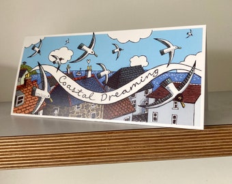 DL sized greetings cards of rooftops and seagulls