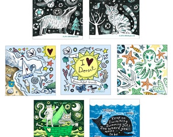 Illustrated Coasters - choice of nine designs - Badger, Wildcat, Cute Octopus, Owl and Pussycat, I Love the Sea, I love Dorset, Durdle Door